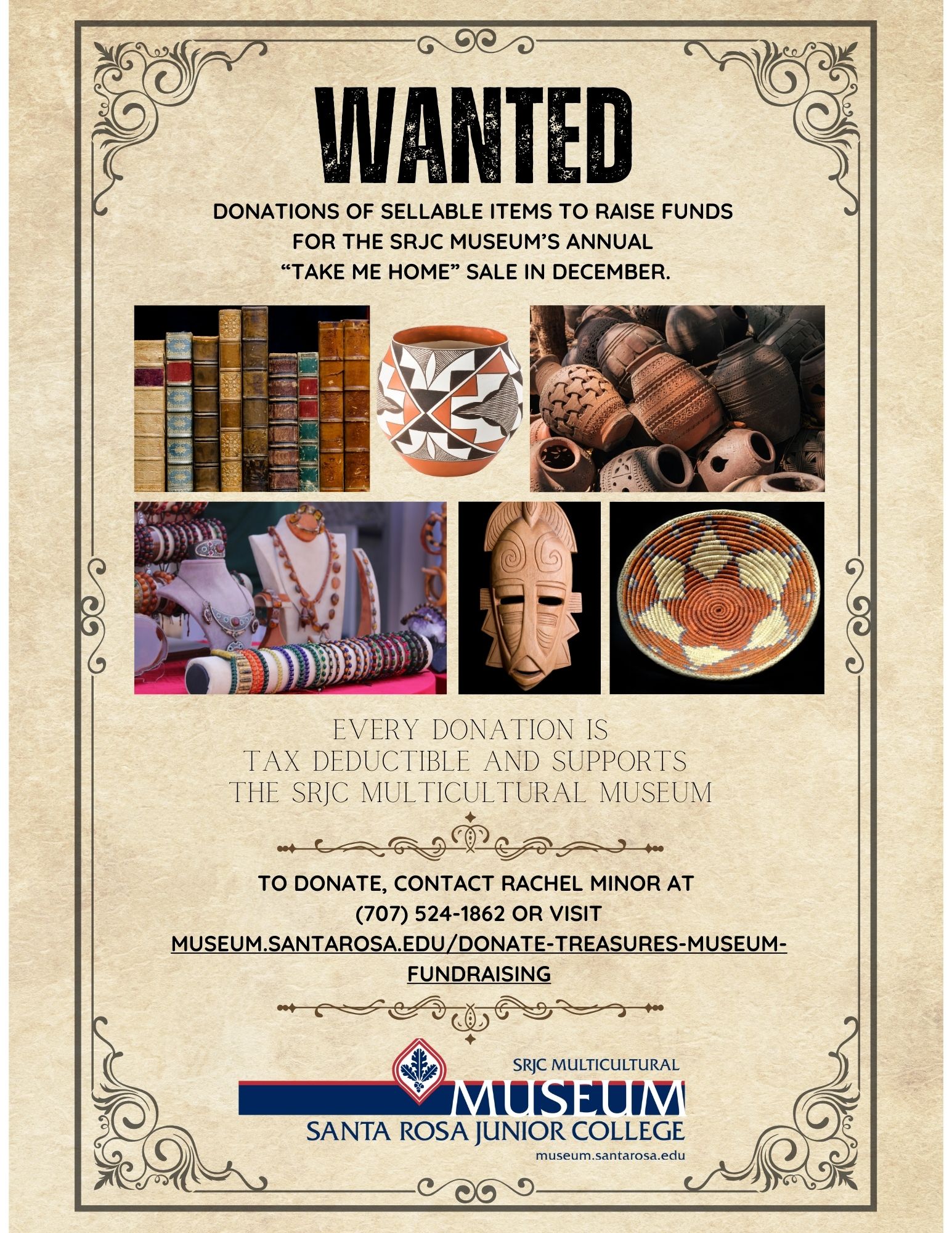 Flyer: WANTED Donations of sellable items to raise funds for the SRJC Museum's annual "Take Me Home" Sale in December.