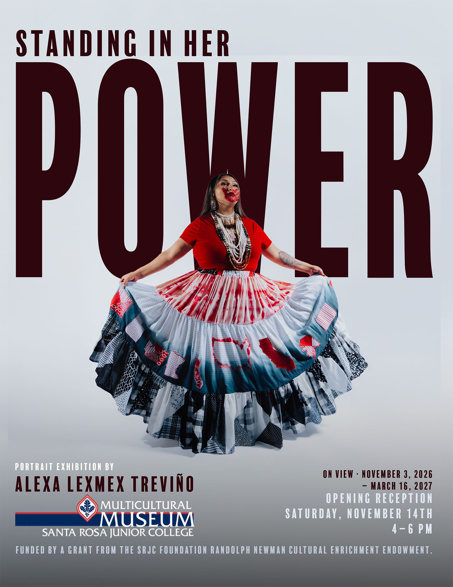 Flyer with a Native American woman wearing a beautiful patchwork skirt. On her face is a red handprint, which symbolized the Missing and Murdered Indigenous Women movement.